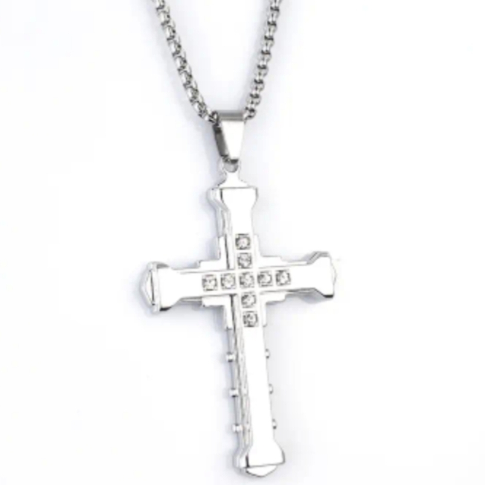 Cross Multi-layer Stainless Steel Men's Necklace With Cubic Zirconia Stones NWT